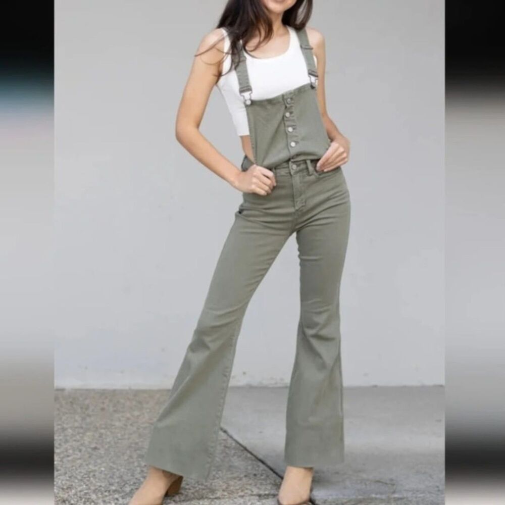 NWT Judy Blue High Waist Tummy Control with Release Hem Olive Overalls Medium